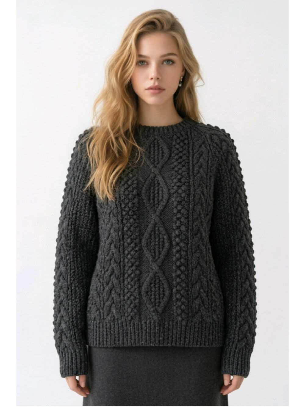 FACADE PATTERN Cable Knit Crew Neck Sweater Grey Size M